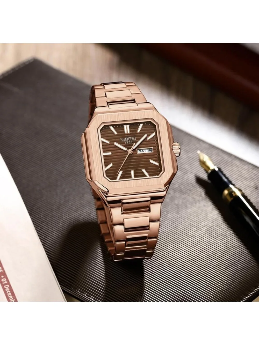 Nibosi Men's Rose Brown Analog Quartz Stainless Steel Waterproof Square Watch